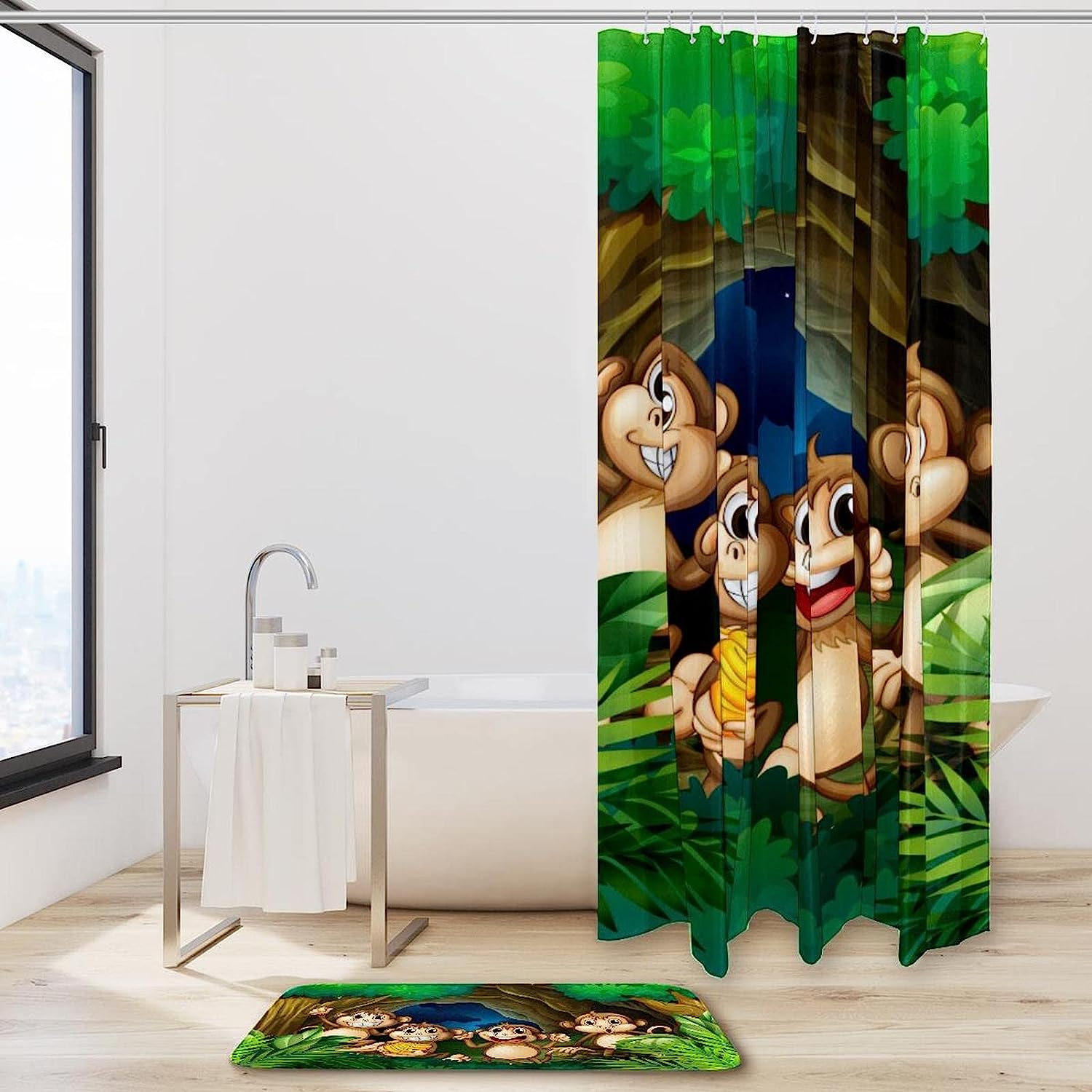 Cute Happy Monkeys In Deep Forest Restroom Shower Curtain For Natural Ambience - Image 2