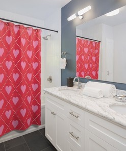 Cute Heart-Shaped Graphic Pattern Shower Curtain, Girly Pink Designer Statement Piece For Your Bathroom