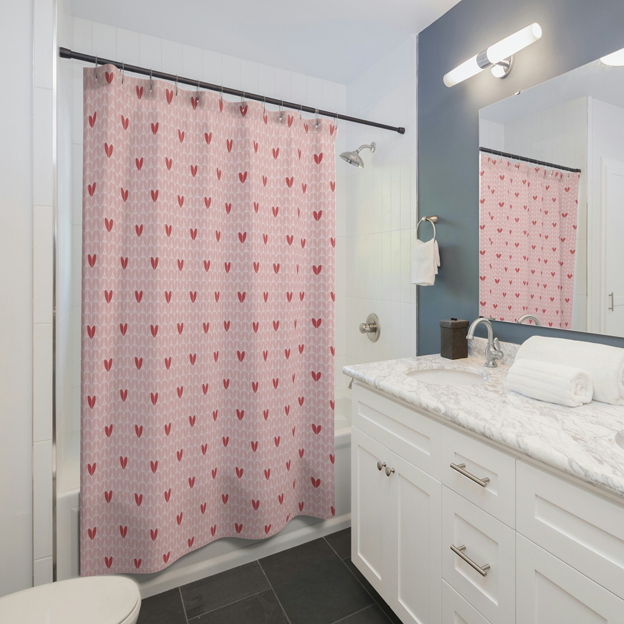 Cute Hearts Valentine Shower Curtain, Pink Aesthetic And Romantic Bathroom Decor - Image 3