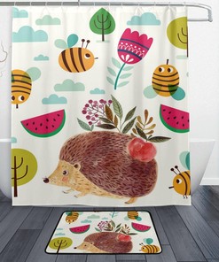 Cute Hedgehog Bee Shower Curtain for Bathroom Decor, Playful Design 