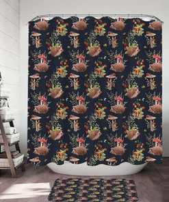 Cute Hedgehog In A Mushroom Garden Print Shower Curtain For Whimsical Bathroom Decor