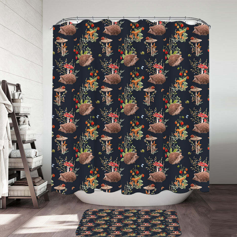 Cute Hedgehog In A Mushroom Garden Print Shower Curtain For Whimsical Bathroom Decor