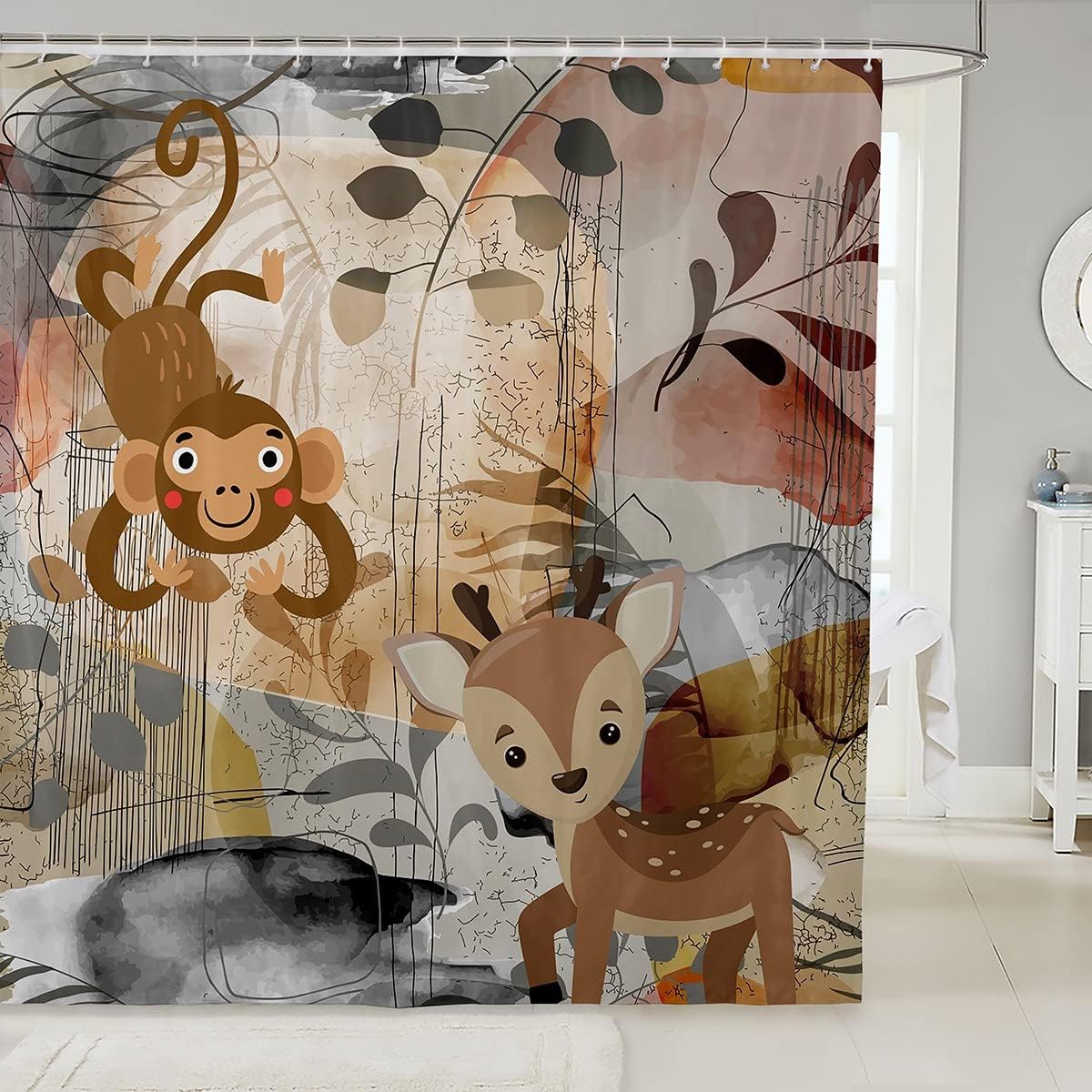 Cute Hedgehog Monkey Deer Animal Kids Shower Curtain for Attractive Bathroom Decor