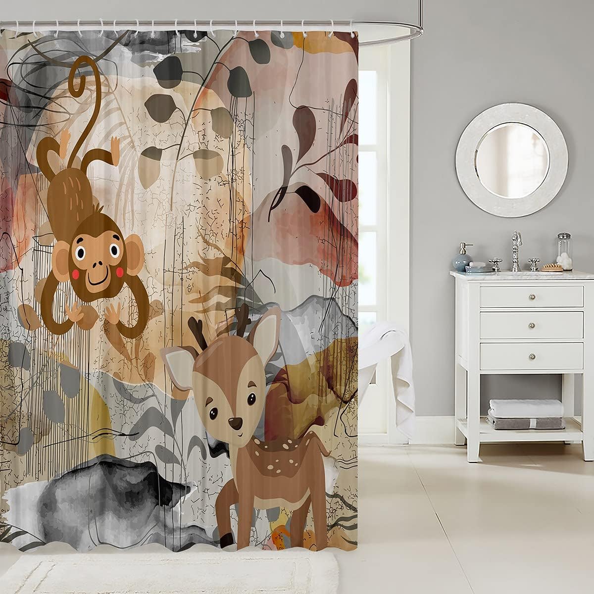 Cute Hedgehog Monkey Deer Animal Kids Shower Curtain for Attractive Bathroom Decor