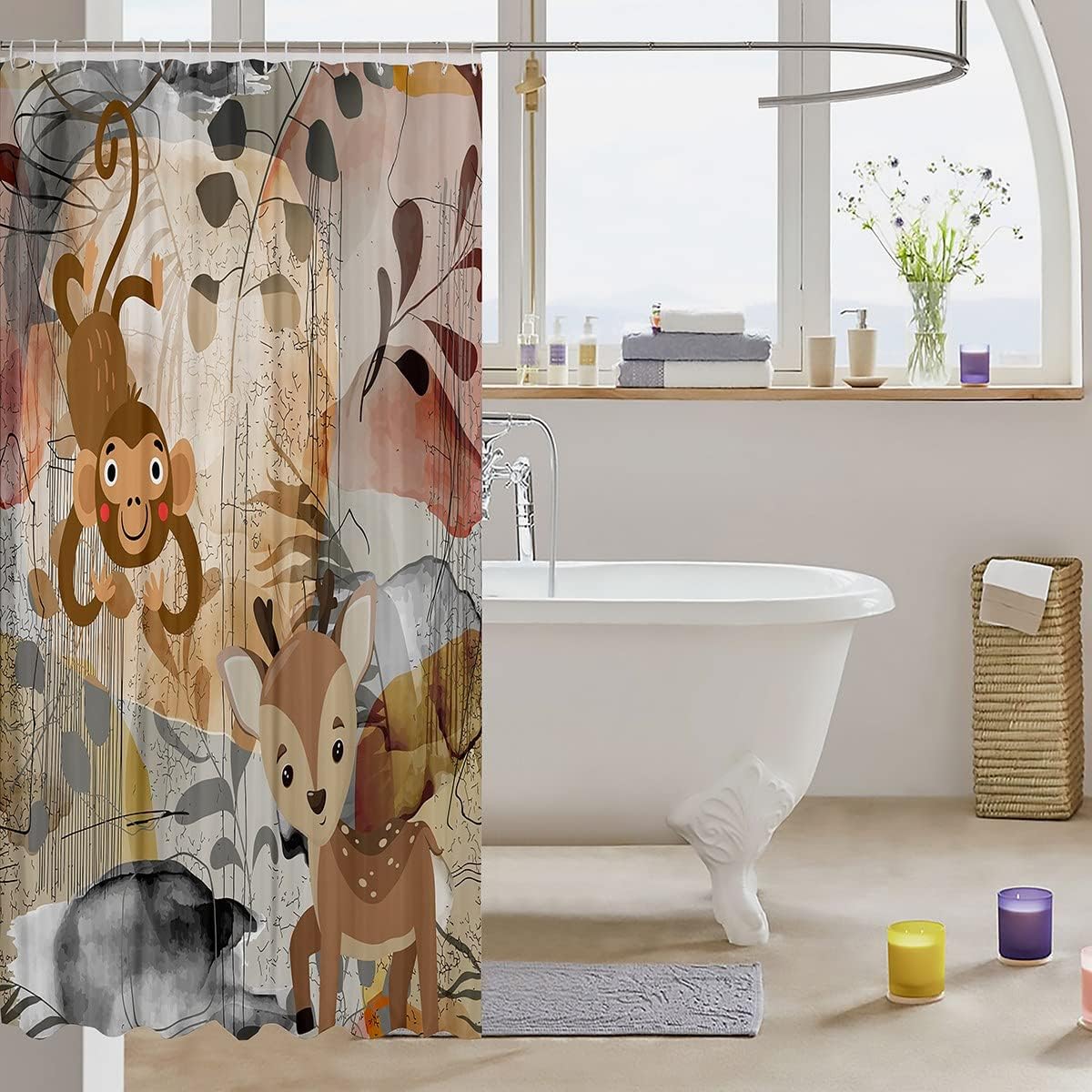 Cute Hedgehog Monkey Deer Animal Kids Shower Curtain for Attractive Bathroom Decor