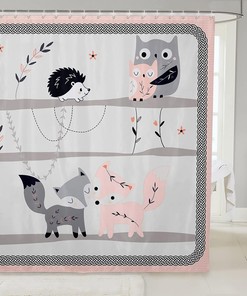 Cute Kawaii Fox Owl Print Castle Fairy Wild Animals And Pink Plant Stripes Shower Curtain