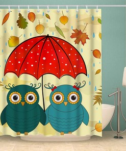 Cute Kawaii Owls Shower Curtain with Umbrella and Cartoon Owl Print