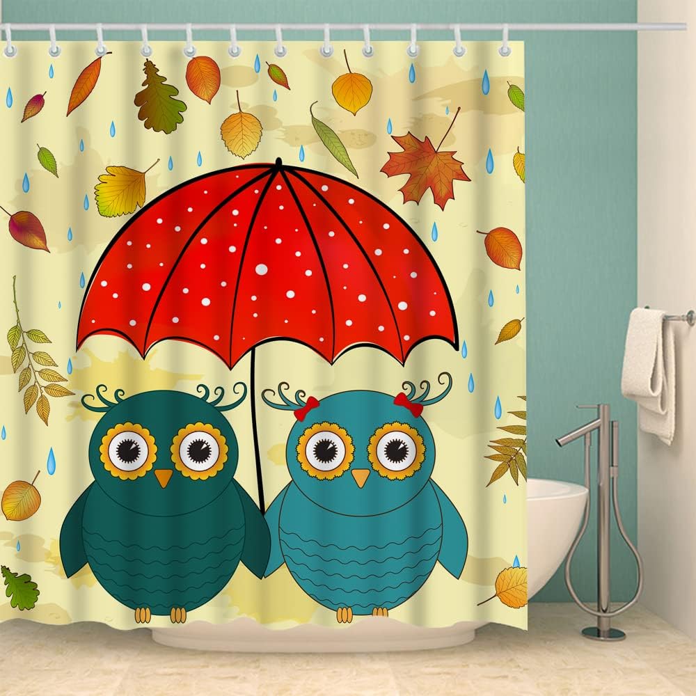 Cute Kawaii Owls Shower Curtain with Umbrella and Cartoon Owl Print