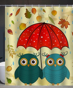 Cute Kawaii Owls Shower Curtain with Umbrella and Cartoon Owl Print