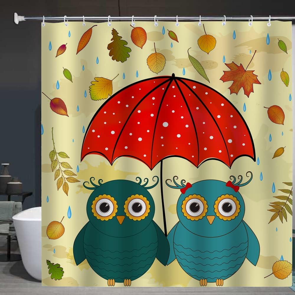Cute Kawaii Owls Shower Curtain with Umbrella and Cartoon Owl Print