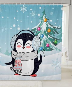 Cute Kawaii Penguin Shower Curtain, Lovely Bathroom Decor with Festive Animal Print 