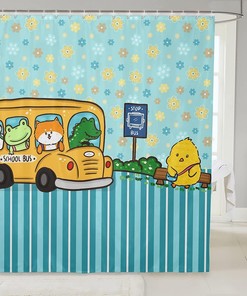 Cute Kawaii School Bus Print Cartoon Wild Animal Shower Curtain For Kids Bathroom
