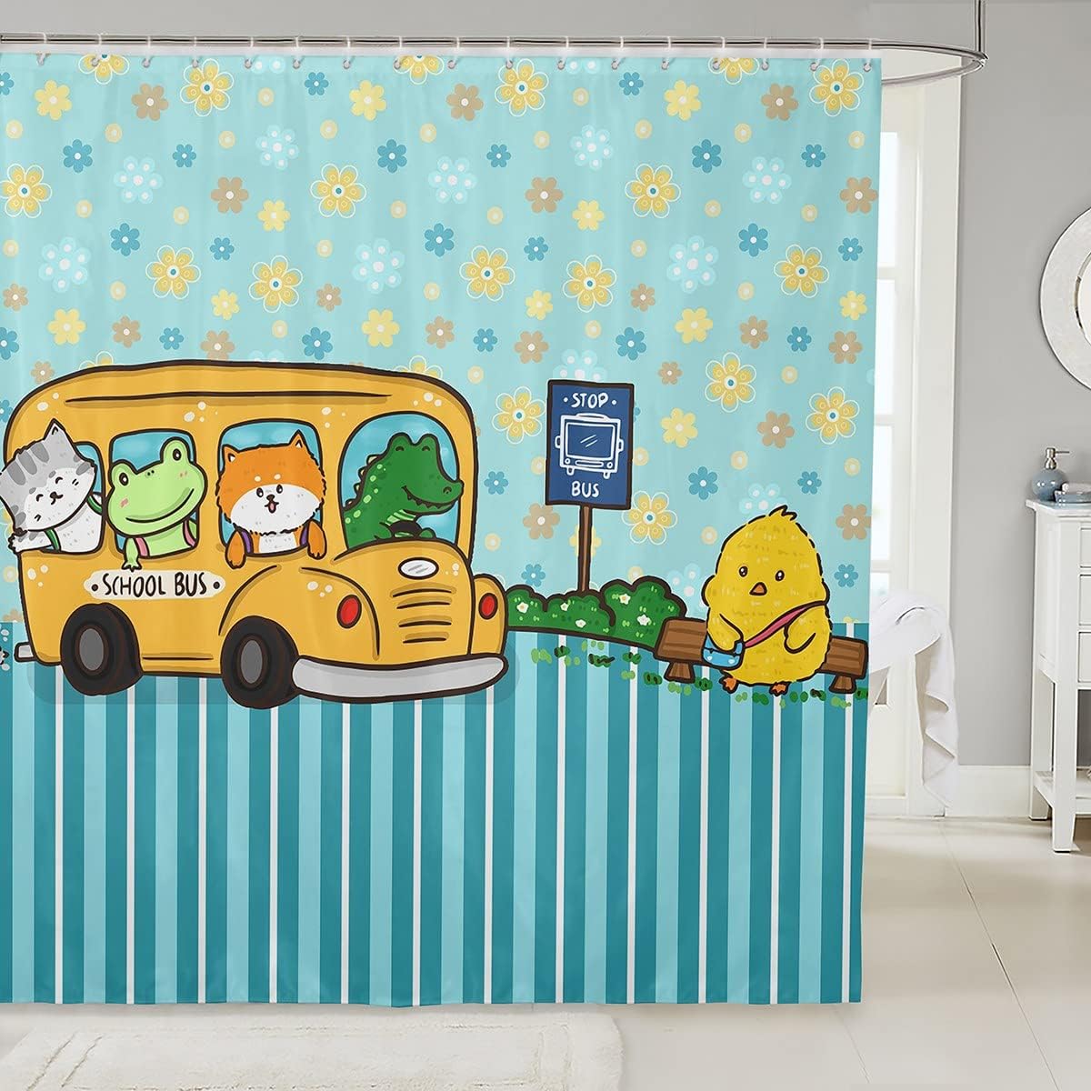 Cute Kawaii School Bus Print Cartoon Wild Animal Shower Curtain For Kids Bathroom