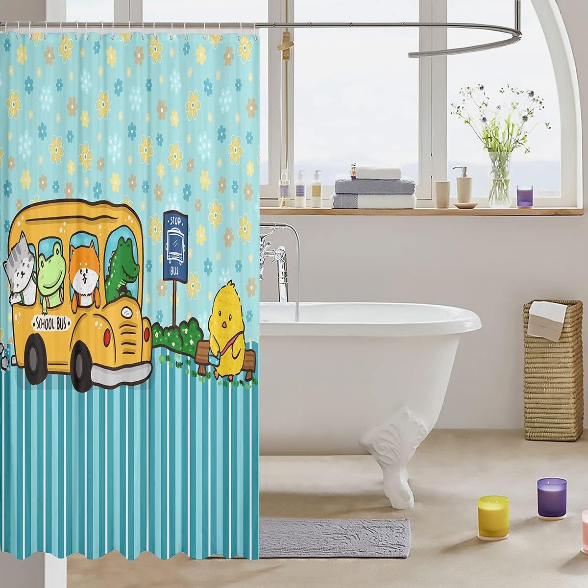 Cute Kawaii School Bus Print Cartoon Wild Animal Shower Curtain For Kids Bathroom - Image 2