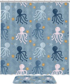 Cute Kid Octopus Shower Curtain Bath Mat Durable Waterproof Bathroom Decor