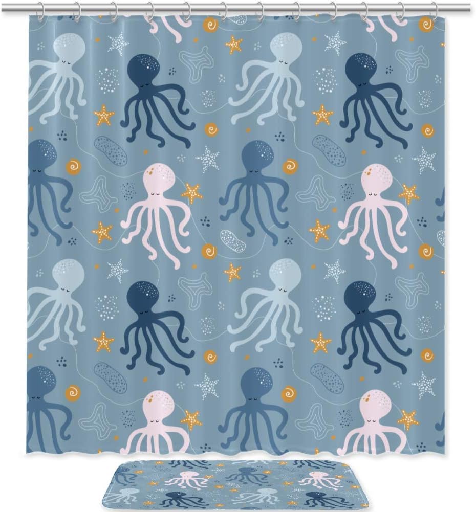 Cute Kid Octopus Shower Curtain Bath Mat Durable Waterproof Bathroom Decor