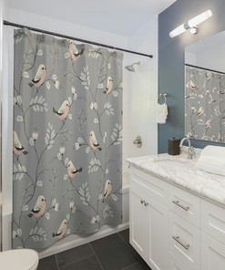 Cute Kids Bathroom Shower Curtain With Matching Gray Curtains Featuring Bird Prints - Waterproof Fabric