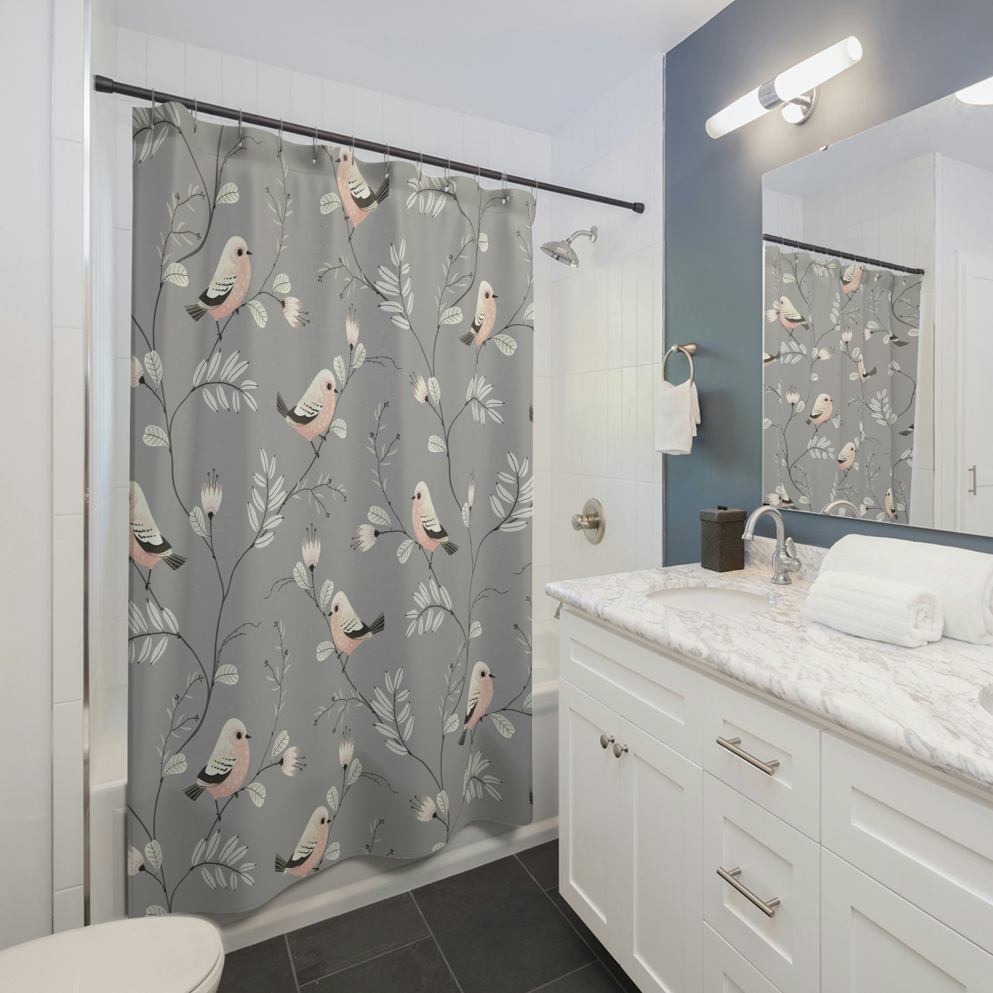Cute Kids Bathroom Shower Curtain With Matching Gray Curtains Featuring Bird Prints - Waterproof Fabric