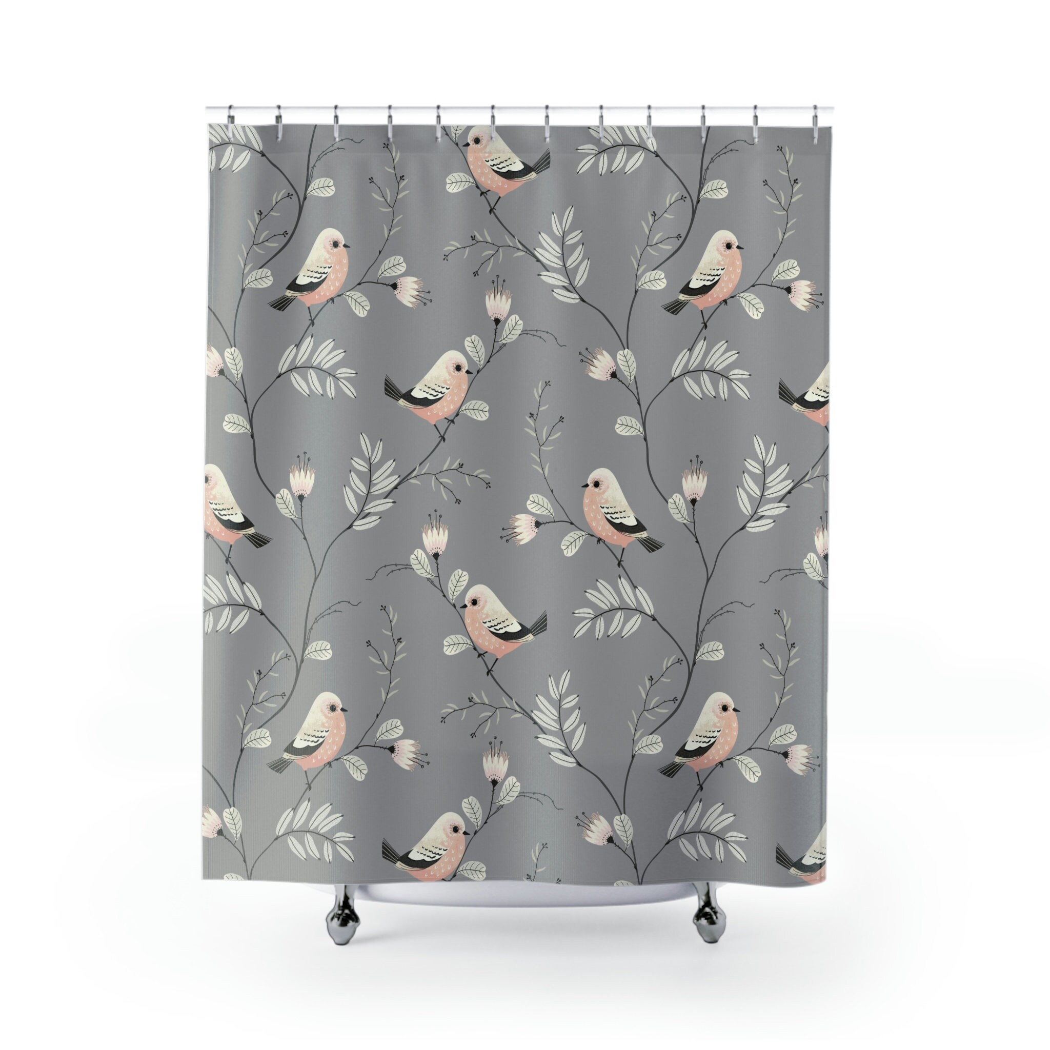 Cute Kids Bathroom Shower Curtain With Matching Gray Curtains Featuring Bird Prints - Waterproof Fabric - Image 2