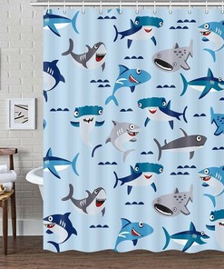 Cute Kids Shark Travel Shower Curtain For Underwater-Themed Bathroom Decor