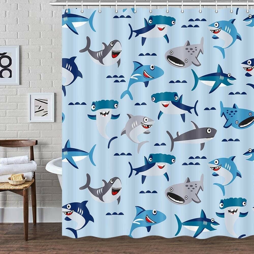 Cute Kids Shark Travel Shower Curtain For Underwater-Themed Bathroom Decor