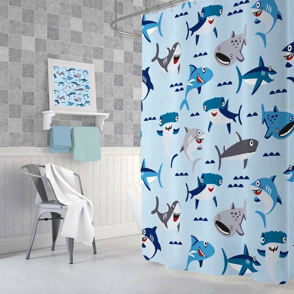 Cute Kids Shark Travel Shower Curtain For Underwater-Themed Bathroom Decor - Image 2