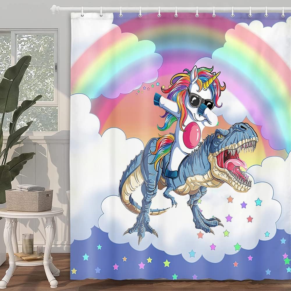 Cute Kids Shower Curtain With Unicorn Riding Dinosaur Print, Perfect For Fantasy-Themed Bathroom - Image 2