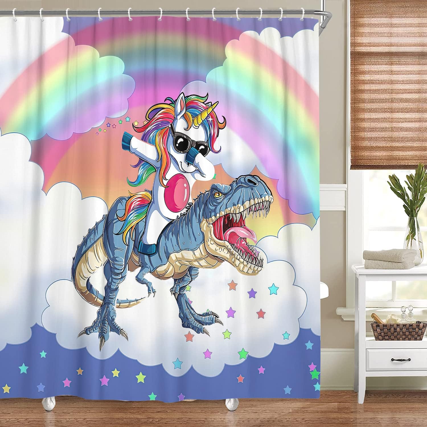 Cute Kids Shower Curtain With Unicorn Riding Dinosaur Print, Perfect For Fantasy-Themed Bathroom - Image 3