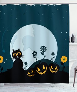 Cute Kitty Under Moon Print Cat Shower Curtain For Dreamy Bathroom Decor