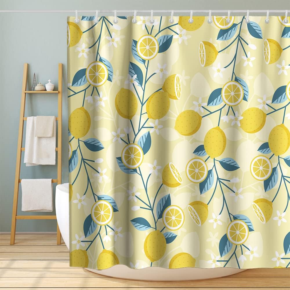 Cute Lemon Fruit Vintage Bathroom Shower Curtain Waterproof Washable Yellow