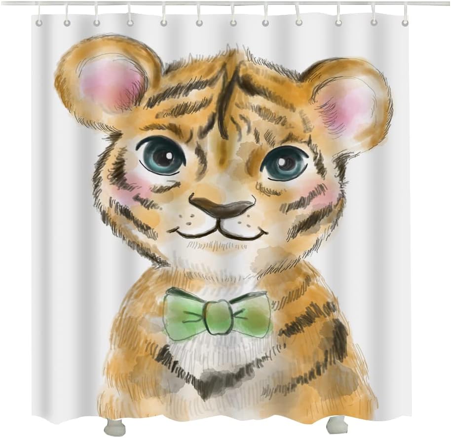 Cute Little Brown Baby Tiger Shower Curtain with White Fabric Set for Bathroom Decor