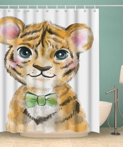 Cute Little Brown Baby Tiger Shower Curtain with White Fabric Set for Bathroom Decor