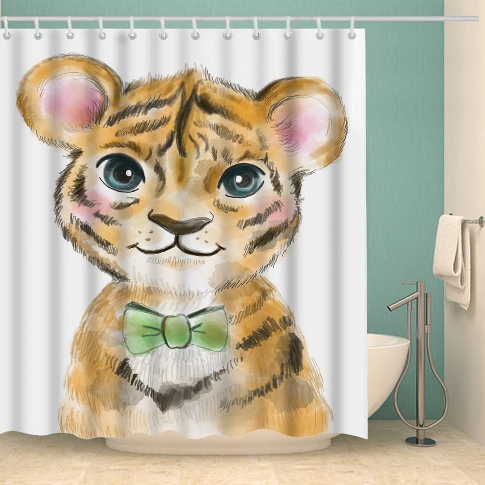 Cute Little Brown Baby Tiger Shower Curtain with White Fabric Set for Bathroom Decor