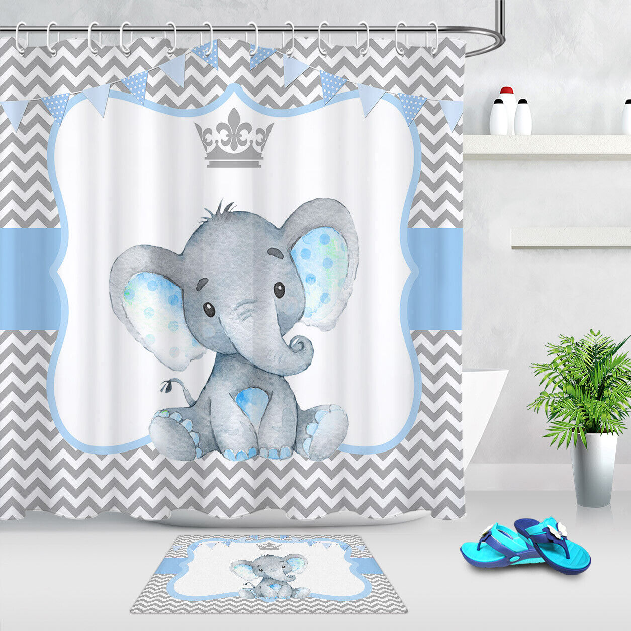 Cute Little Elephant Crown Gray White Stripes Unique Shower Curtain For Elegant And Fun Bathroom Decor
