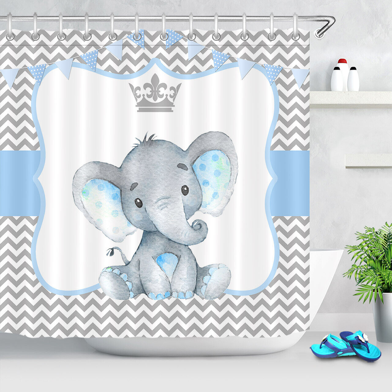 Cute Little Elephant Crown Gray White Stripes Unique Shower Curtain For Elegant And Fun Bathroom Decor - Image 2