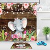 Cute Little Elephant Flowers Wood Plank Print Shower Curtain For Rustic And Whimsical Bathroom Decor