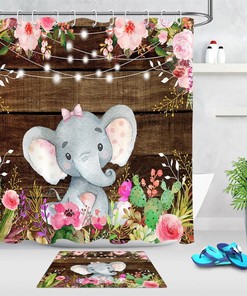 Cute Little Elephant Flowers Wood Plank Print Shower Curtain For Rustic And Whimsical Bathroom Decor