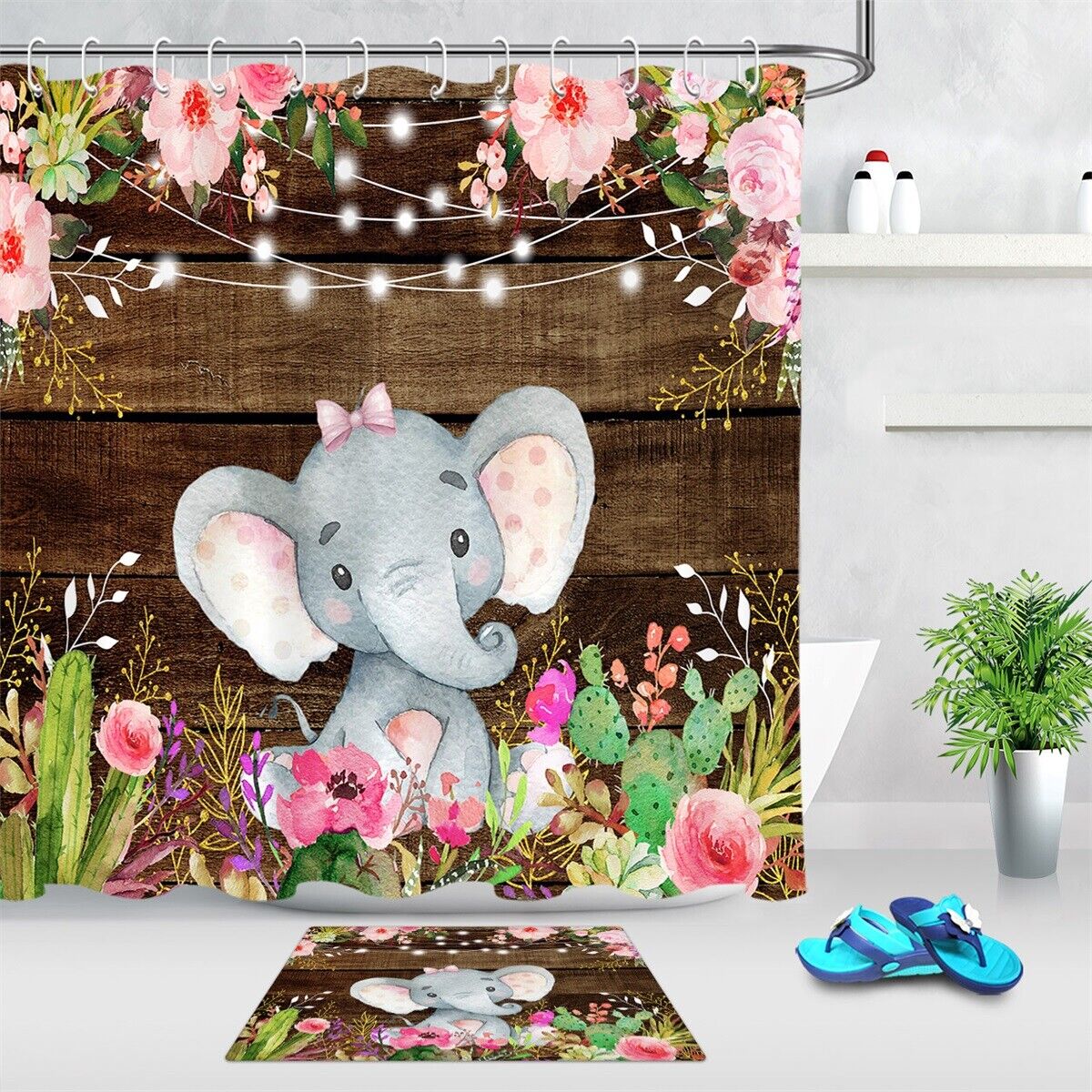Cute Little Elephant Flowers Wood Plank Print Shower Curtain For Rustic And Whimsical Bathroom Decor