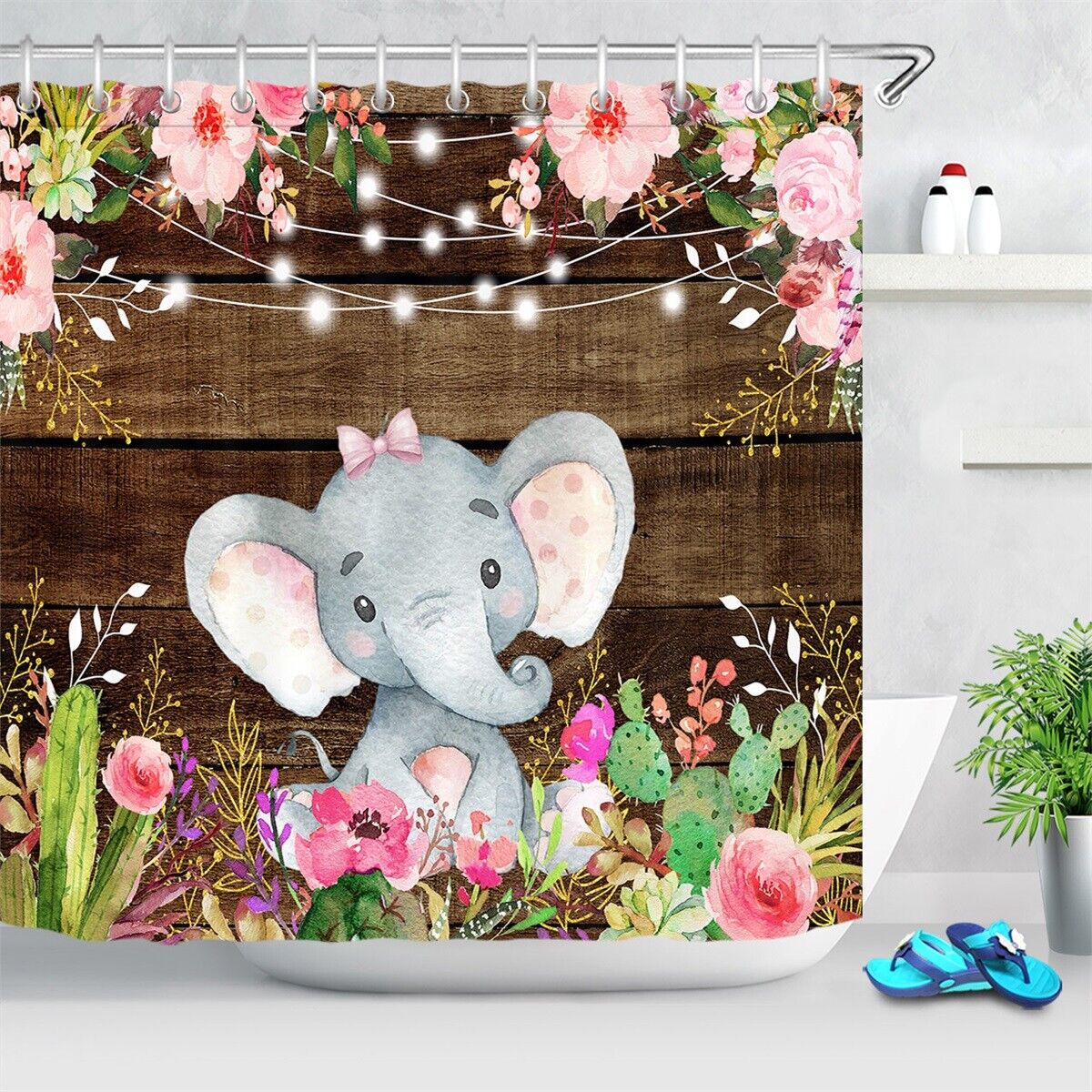 Cute Little Elephant Flowers Wood Plank Print Shower Curtain For Rustic And Whimsical Bathroom Decor - Image 2