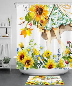 Cute Little Girl Watercolor Sunflower Daisy Fabric Shower Curtain