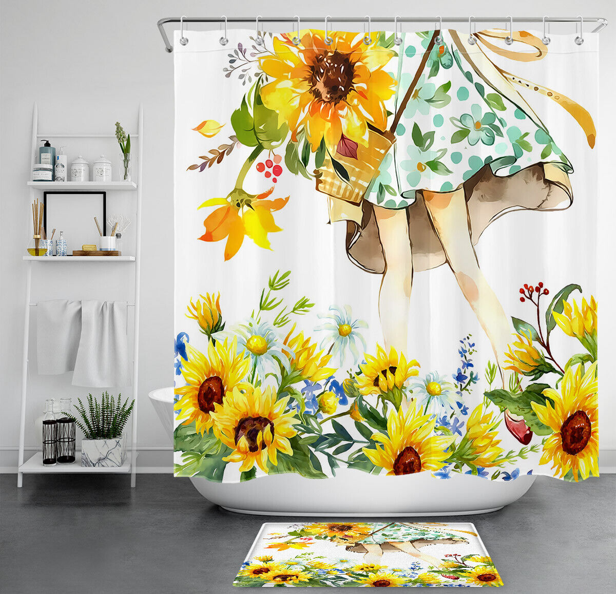 Cute Little Girl Watercolor Sunflower Daisy Fabric Shower Curtain