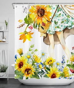 Cute Little Girl Watercolor Sunflower Daisy Fabric Shower Curtain