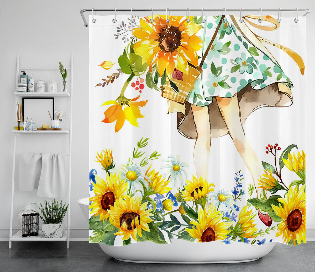 Cute Little Girl Watercolor Sunflower Daisy Fabric Shower Curtain