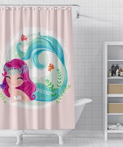Cute Little Mermaid Kids Bathroom Shower Curtain With Colorful Print, Perfect For Fantasy-Themed Bathroom Decor