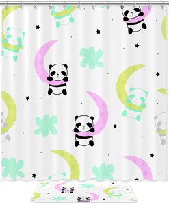 Cute Little Panda Sleep On The Moon Bathroom Shower Curtain With Whimsical Print