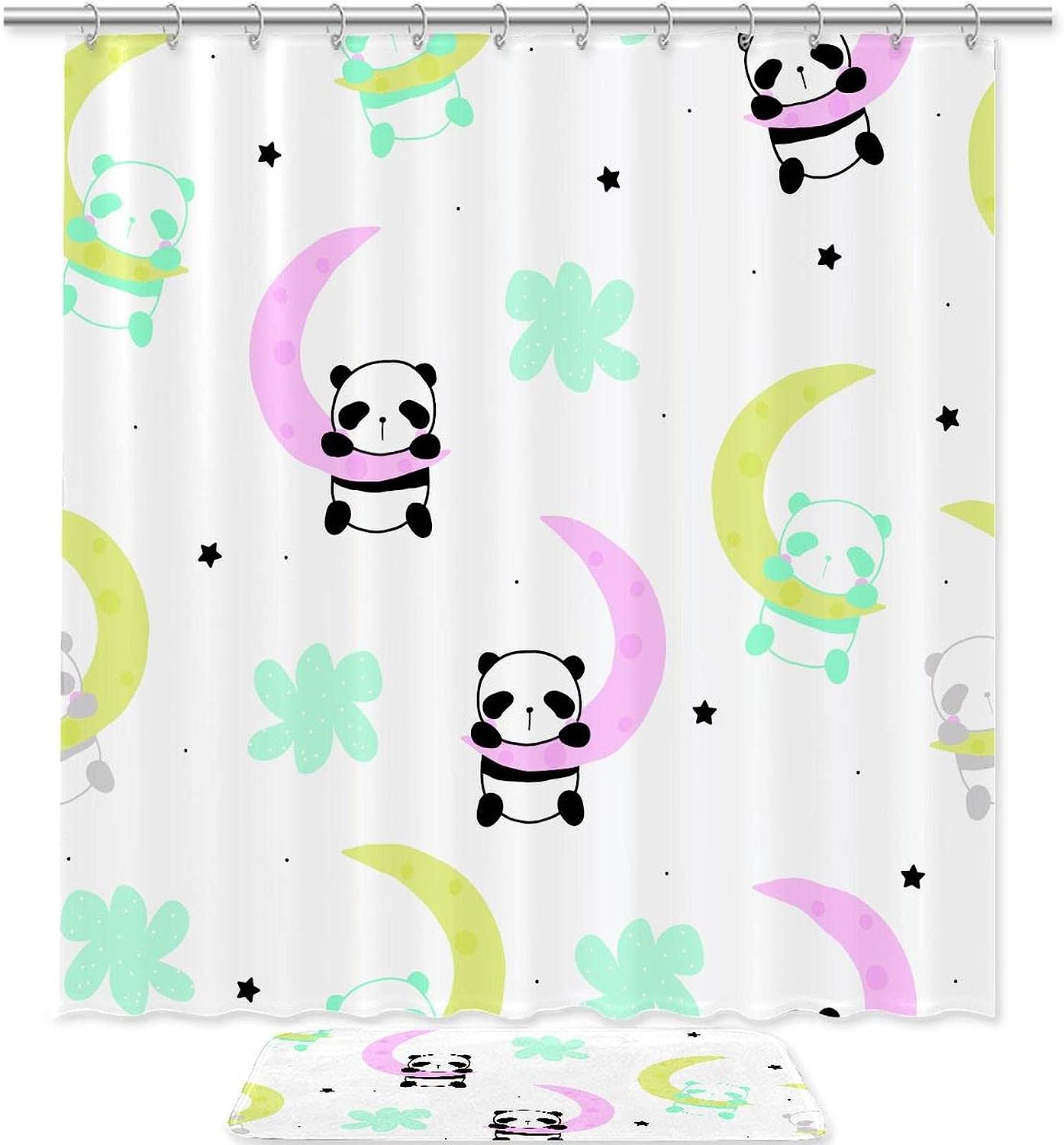 Cute Little Panda Sleep On The Moon Bathroom Shower Curtain With Whimsical Print
