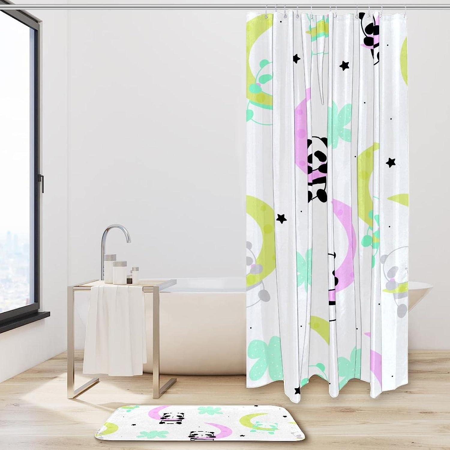 Cute Little Panda Sleep On The Moon Bathroom Shower Curtain With Whimsical Print - Image 2