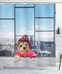 Cute Little Yorkshire Terrier Hairy Poppy Dog Pet Dress Star Hat Travel Shower Curtain For Dog Lovers