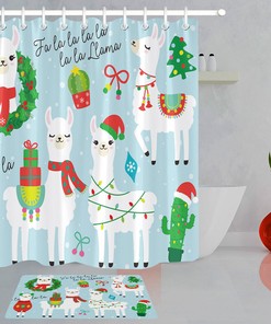 Cute Llama And Alpaca Christmas Wreath Santa Hat Fabric Shower Curtain, Perfect For Festive And Whimsical Bathroom Decor