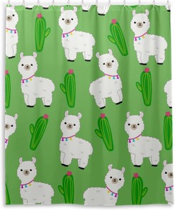 Cute Llama Cactus Shower Curtain - Waterproof Bath Accessory for Kids Bathroom by WELLDAY